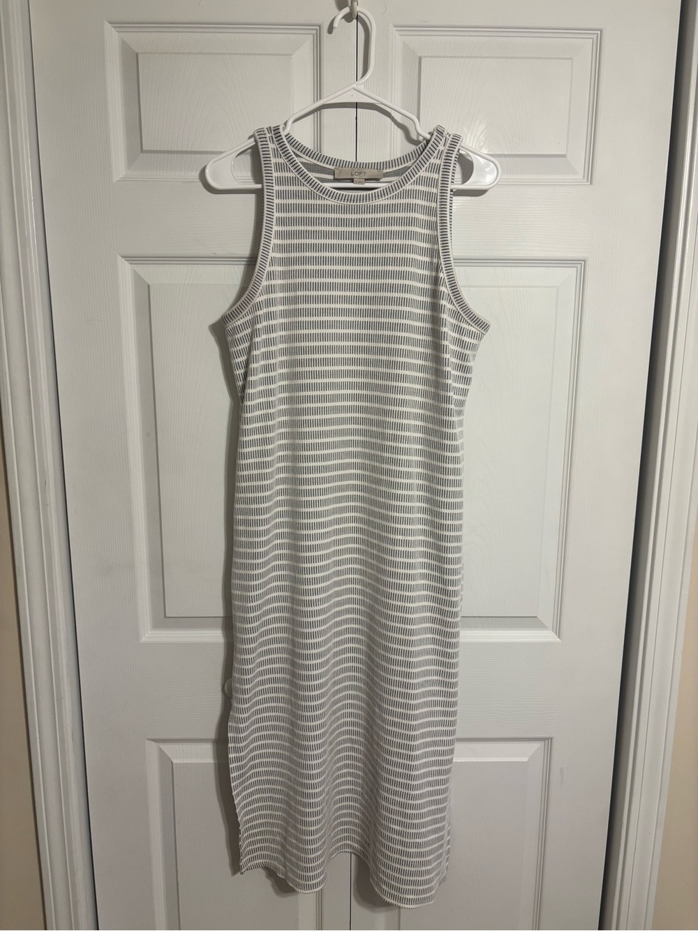 LOFT Sleeveless White Striped Ribbed Midi Dress